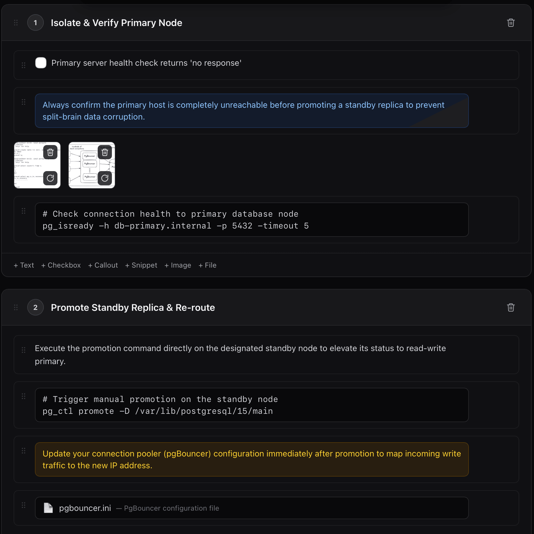 Procedure editor showing a firmware update procedure with checkboxes, a warning callout, and a command snippet