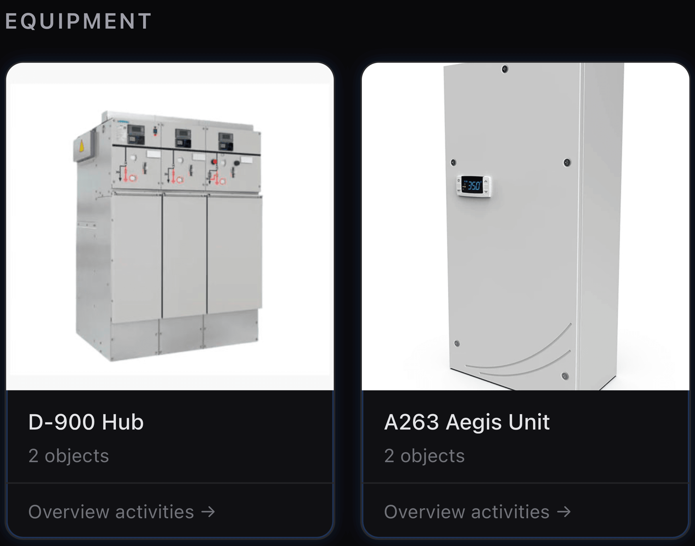 Group cards for D-900 Hub and A263 Aegis Unit on the noryas dashboard