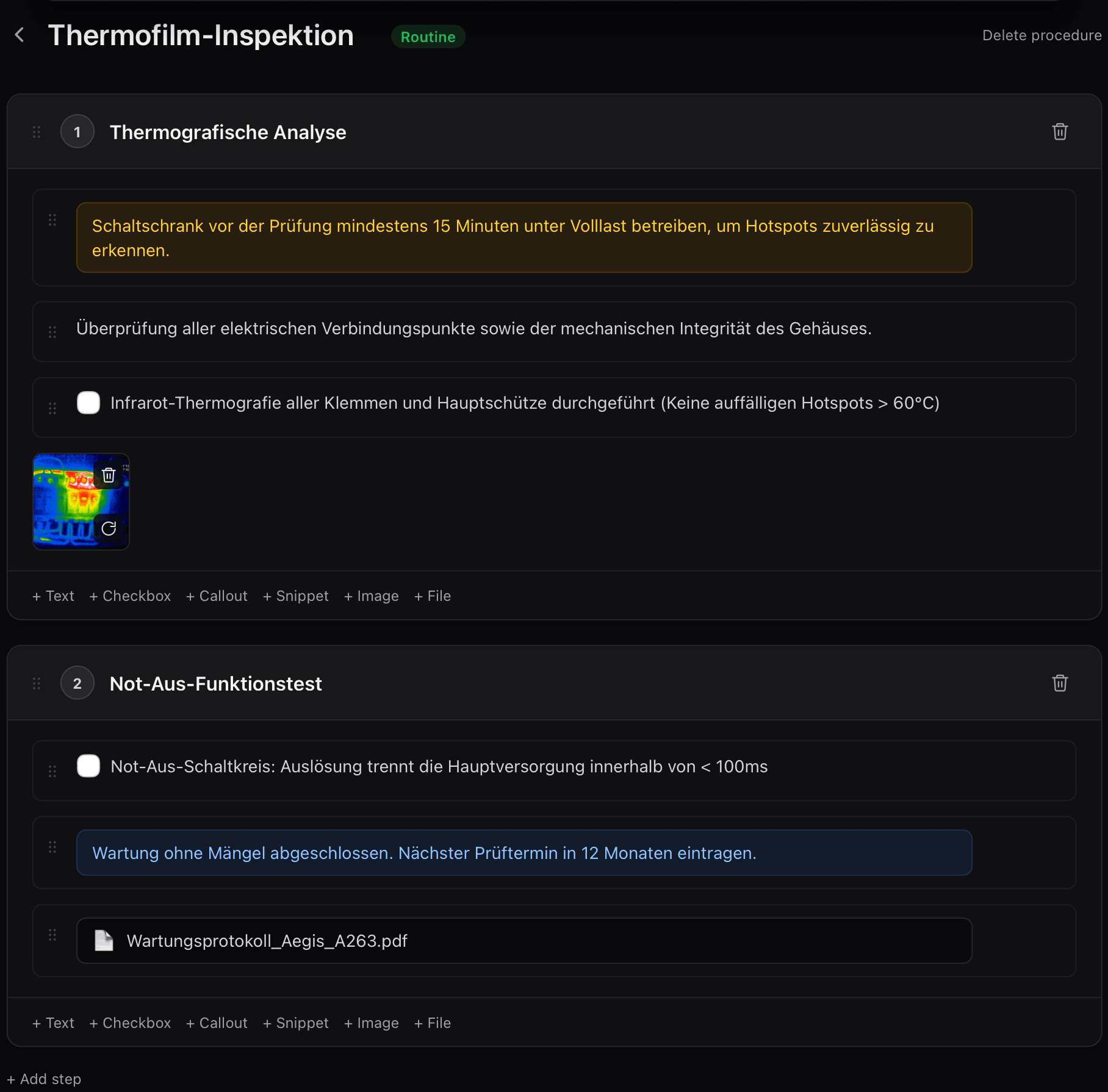 Procedure editor showing a thermal inspection routine with a warning callout, a checkbox, and an attached thermal image