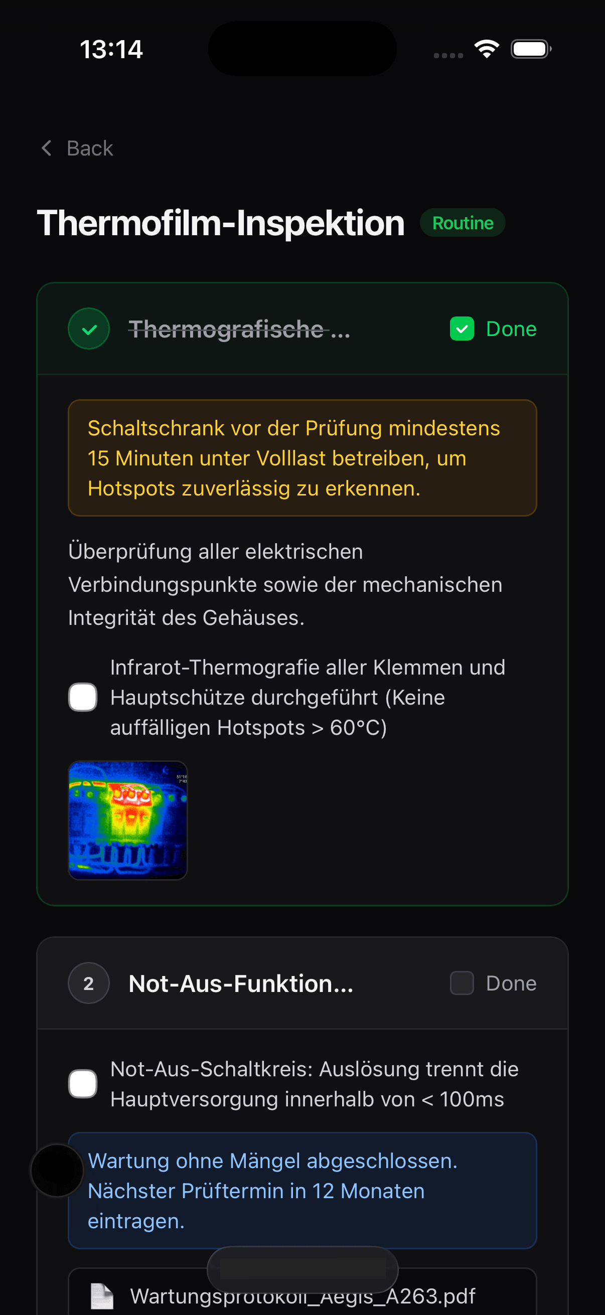 Public scan view on a phone showing a maintenance checklist with the first step marked done